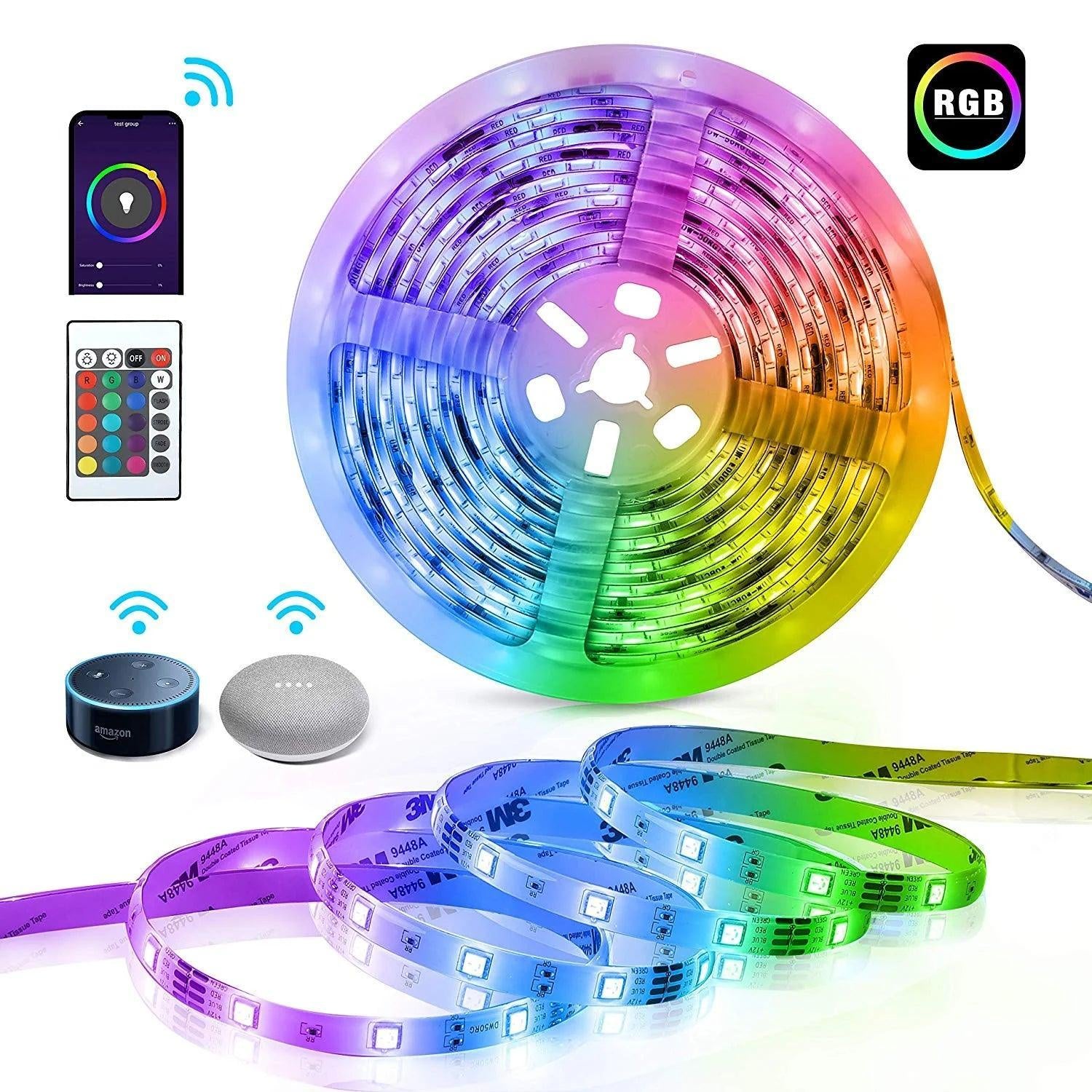 RGB LED Strip 5050 12V Wifi Control RGB LED Strip IP67 Waterproof 300Leds 5M Full Kit Compatible with Alexa and Google Home